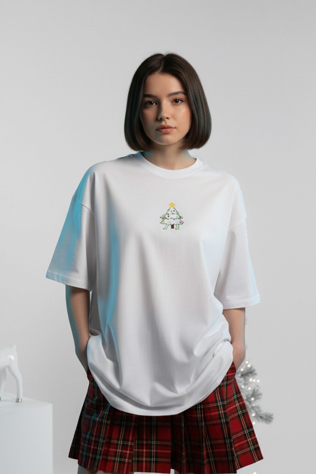 Camisetas Oversize Blanca Arbol Navidad de Mujer