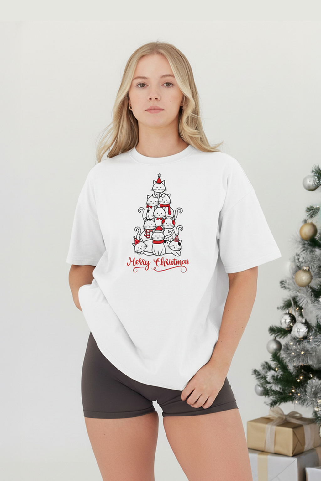 Camisetas Manga corta Blanca Cat Merry Christmas de Unisex