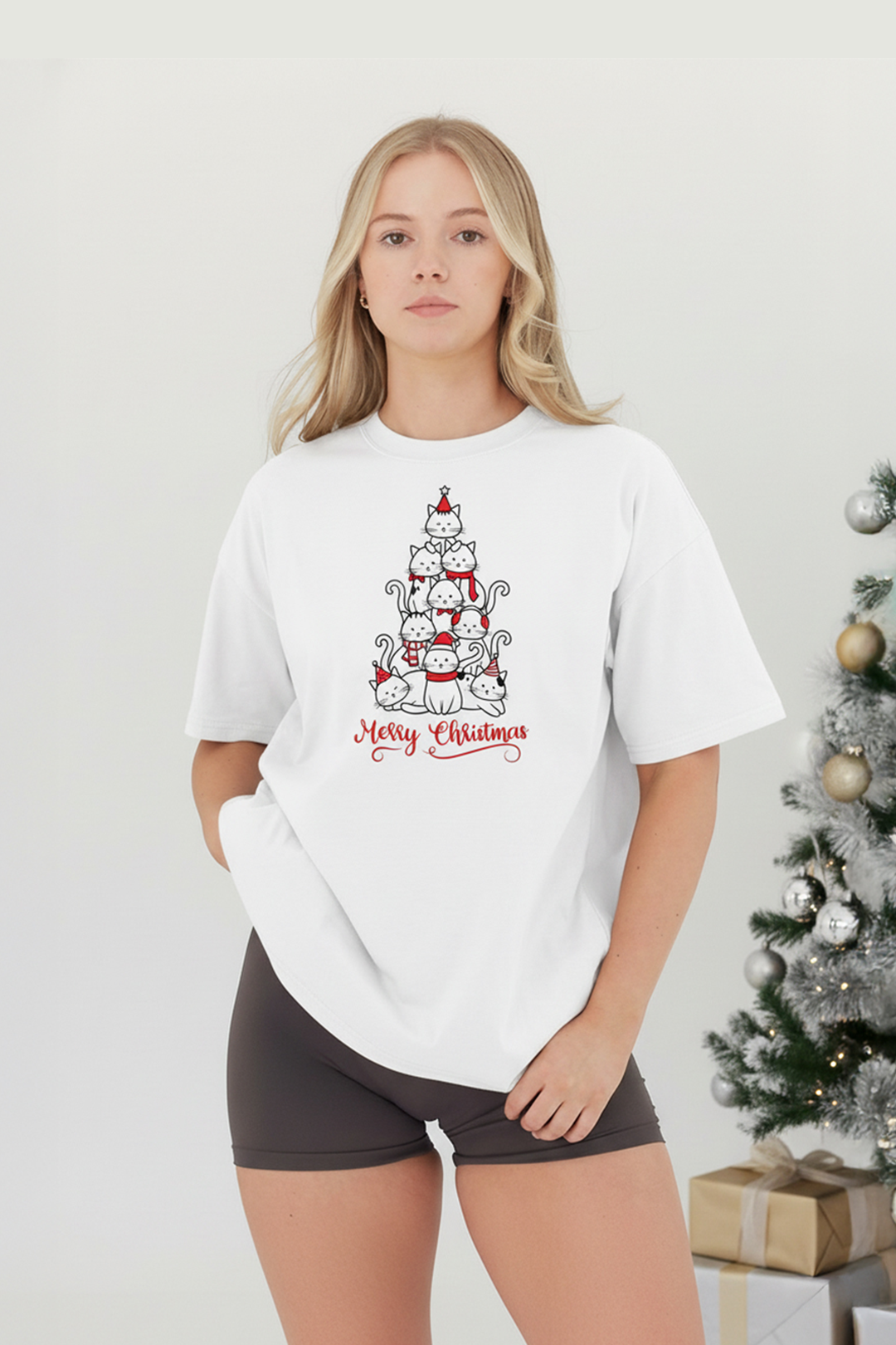 Camisetas Manga corta Blanca Cat Merry Christmas de Unisex