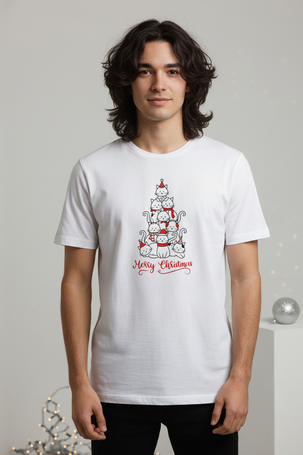 Camisetas Manga corta Blanca Cat Merry Christmas de Unisex