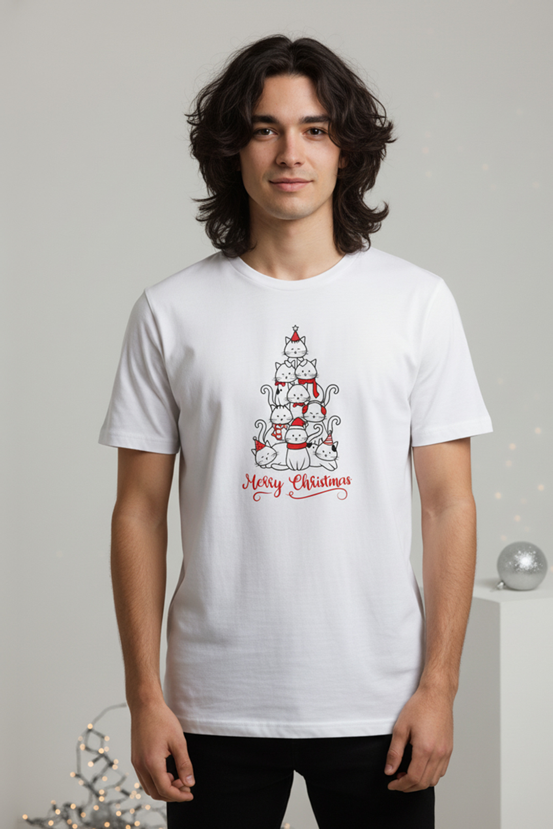 Camisetas Manga corta Blanca Cat Merry Christmas de Unisex