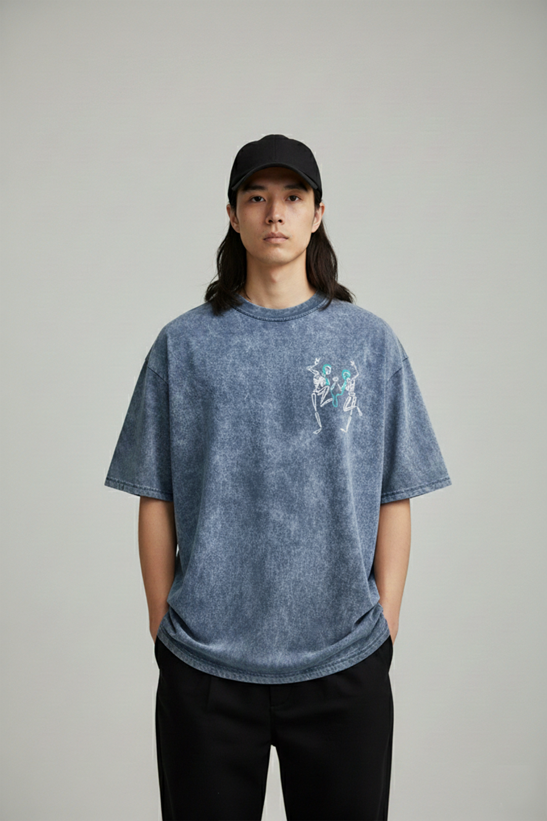 Camisetas Oversize Acid wash Azul skeleton de Hombre