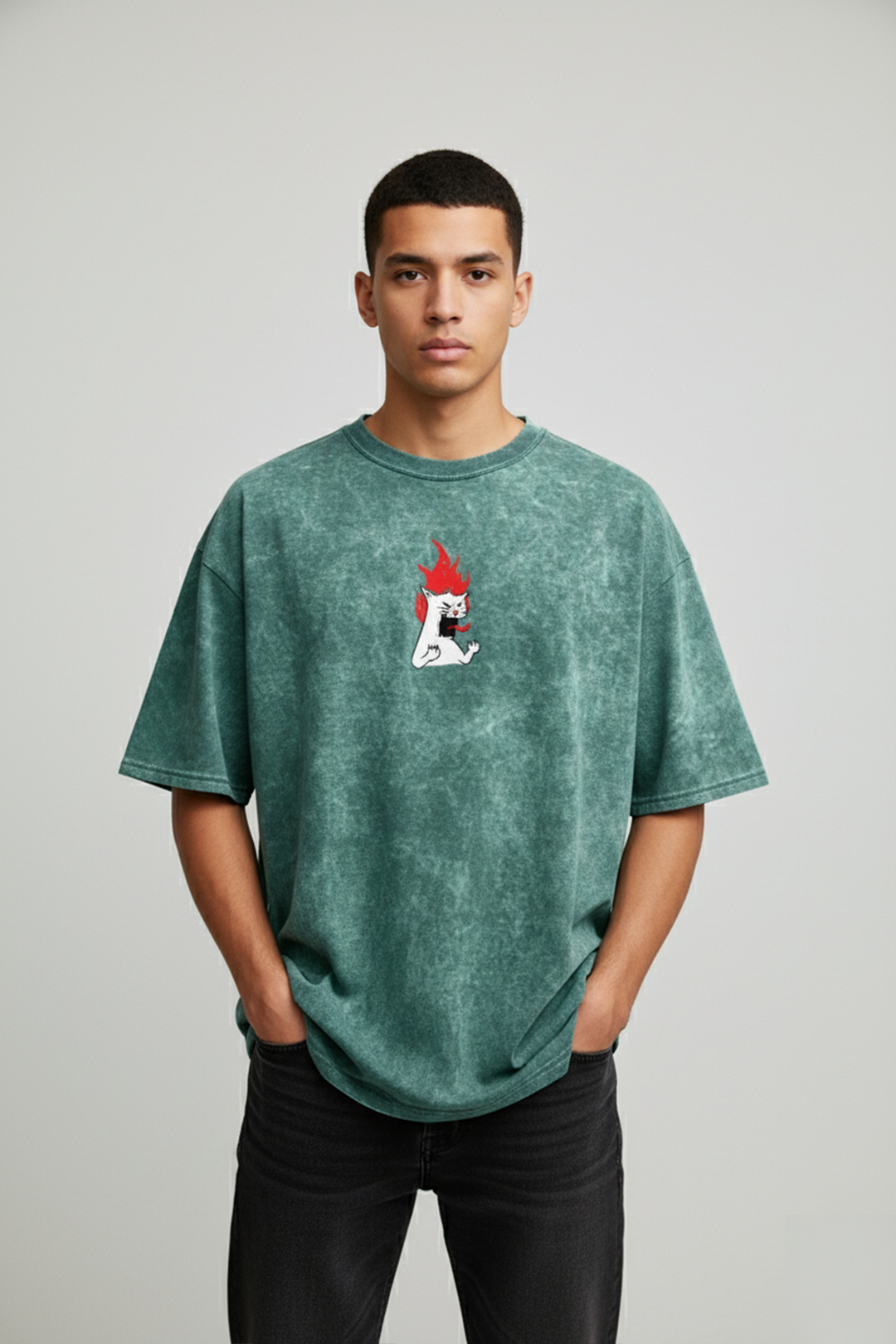 Camisetas Oversize Acid wash Verde Gato llamas de Hombre