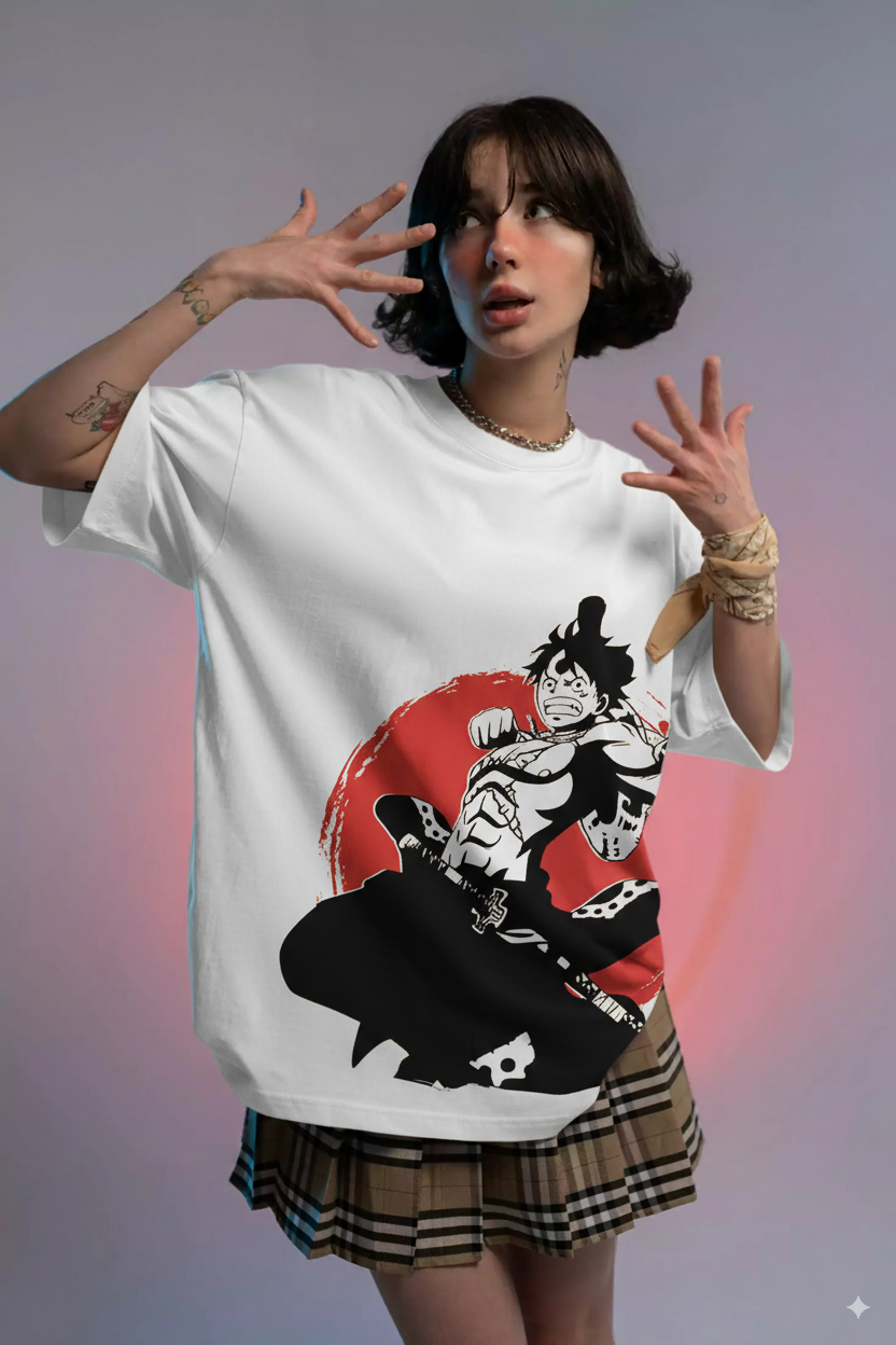 Camisetas Oversize Blanca Lufytaro de One Piece | Mujer