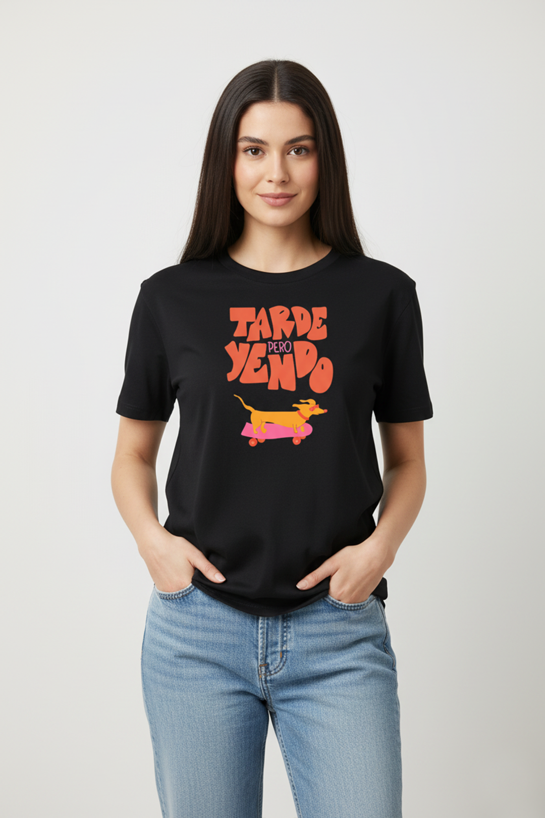 Camisetas básicas Manga corta Negra Perro Salchicha de Mujer