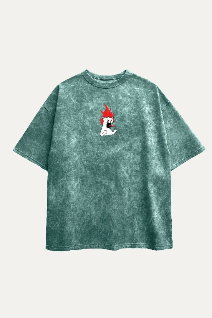 Camisetas Oversize Acid wash Verde Gato llamas de Hombre