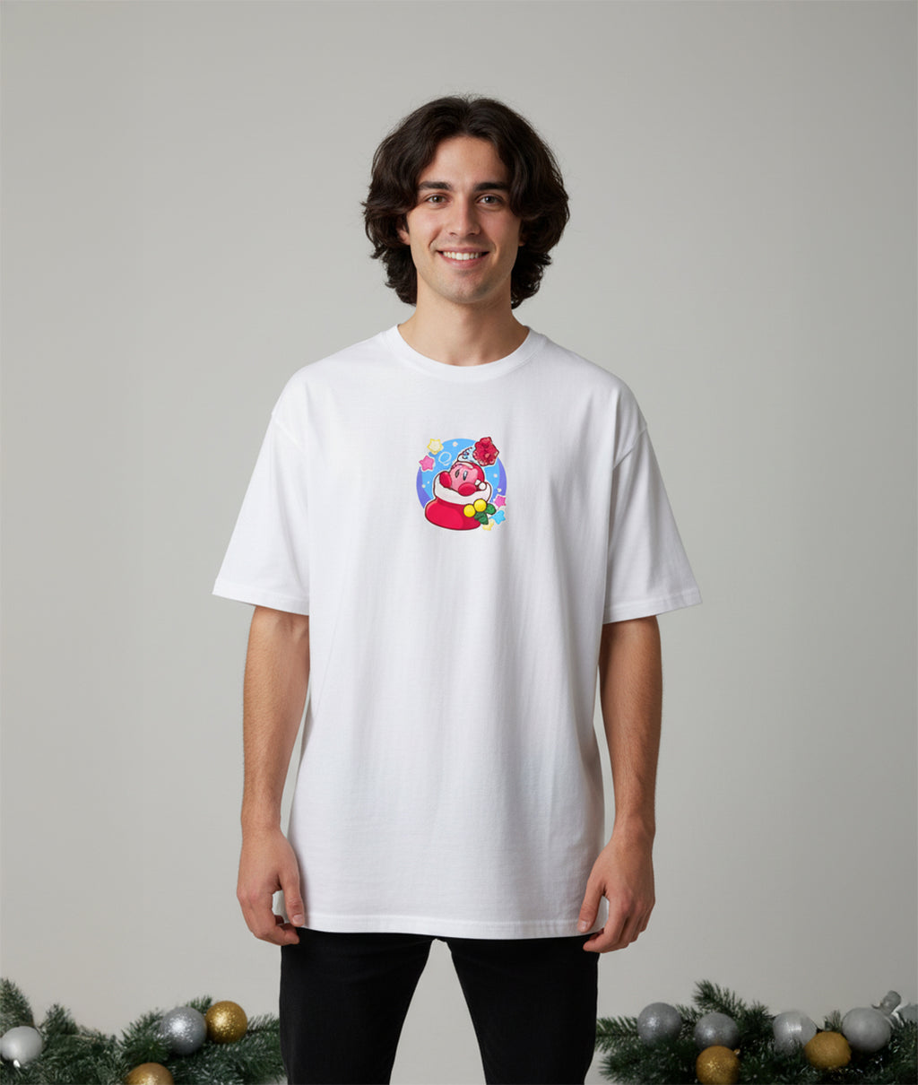 Camisetas Oversize Blanca Kirby Navideño de Unisex