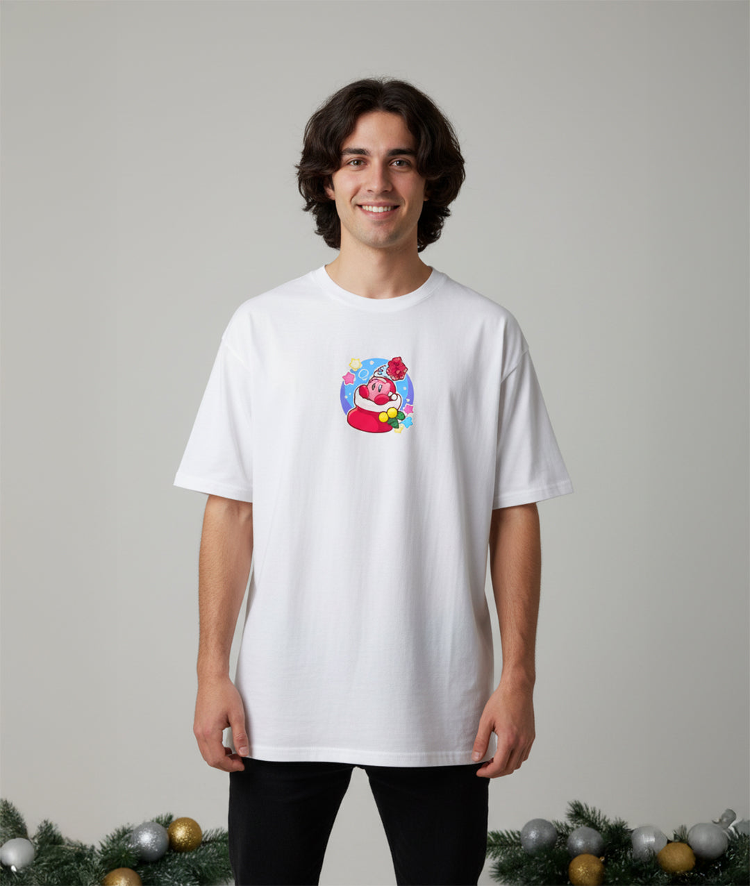 Camisetas Oversize Blanca Kirby Navideño de Unisex